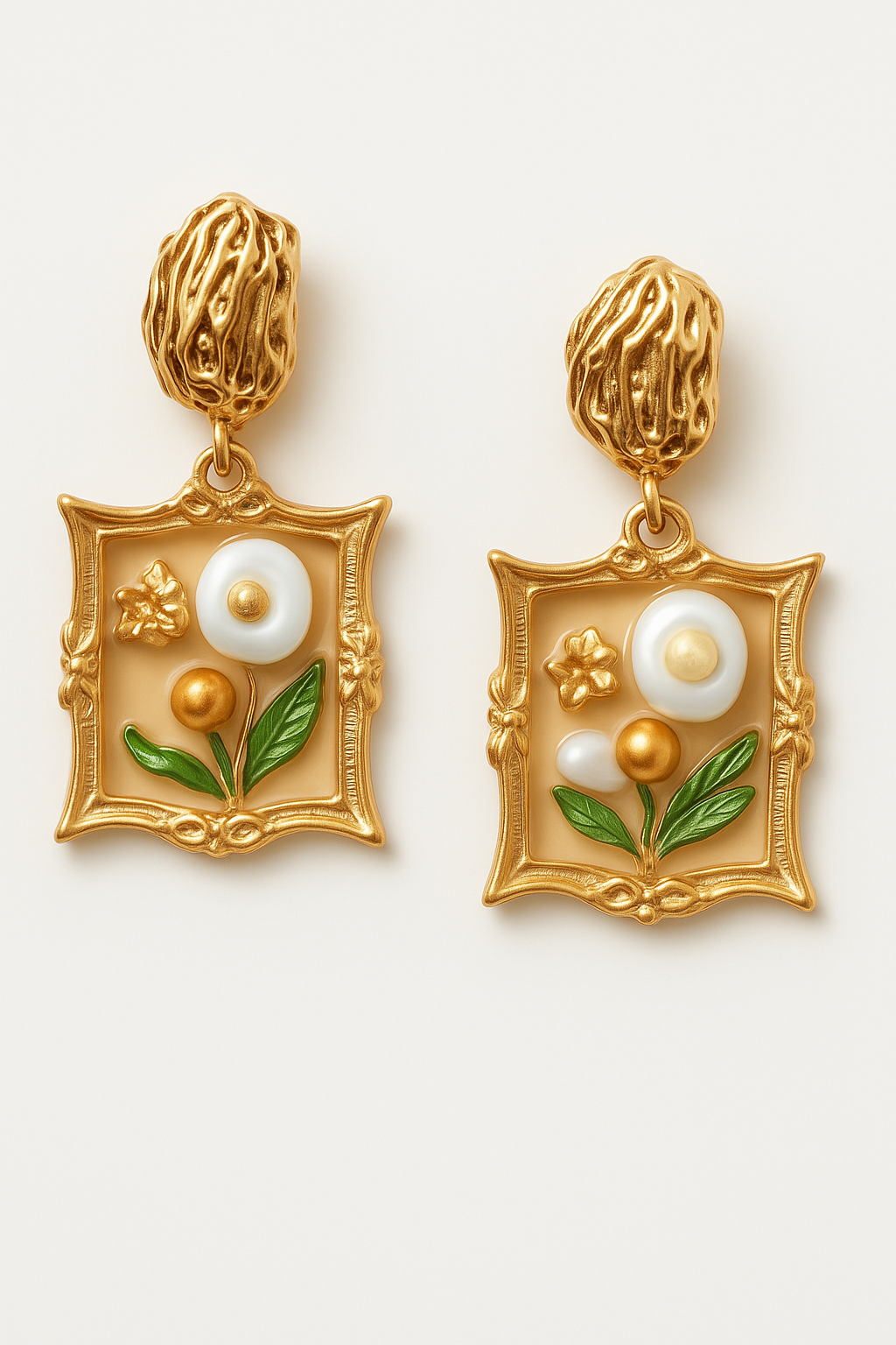 Vintage Floral Frame Drop Earrings - Artistic statement jewellery.