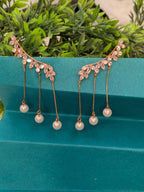 Crystal Leaf & Pearl Drop Earrings – Rose Gold Finish