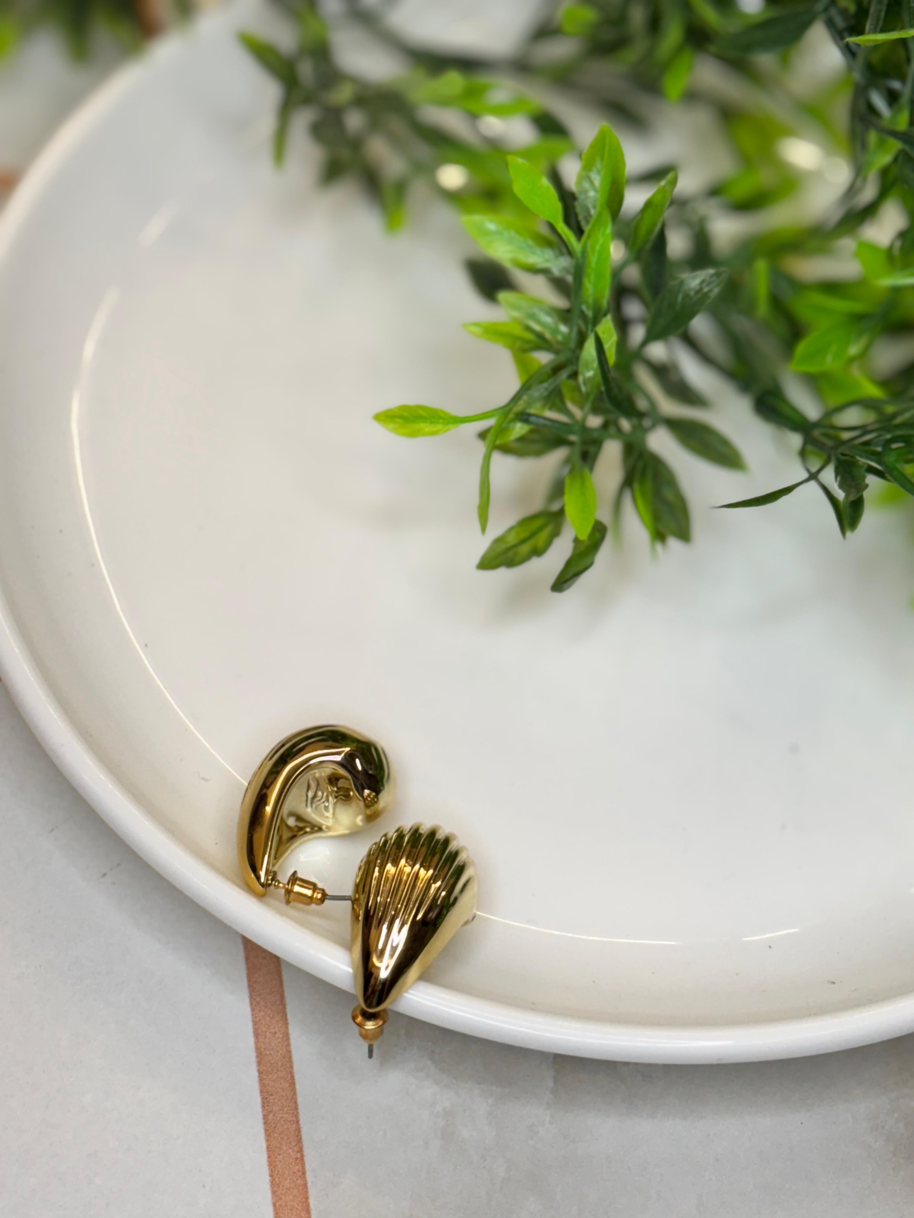 Golden shell texture stud earrings-elegant party s’ casual wear. ￼