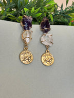 Raw Amethyst and quartz zodiac dangle earrings Taurus coin charm