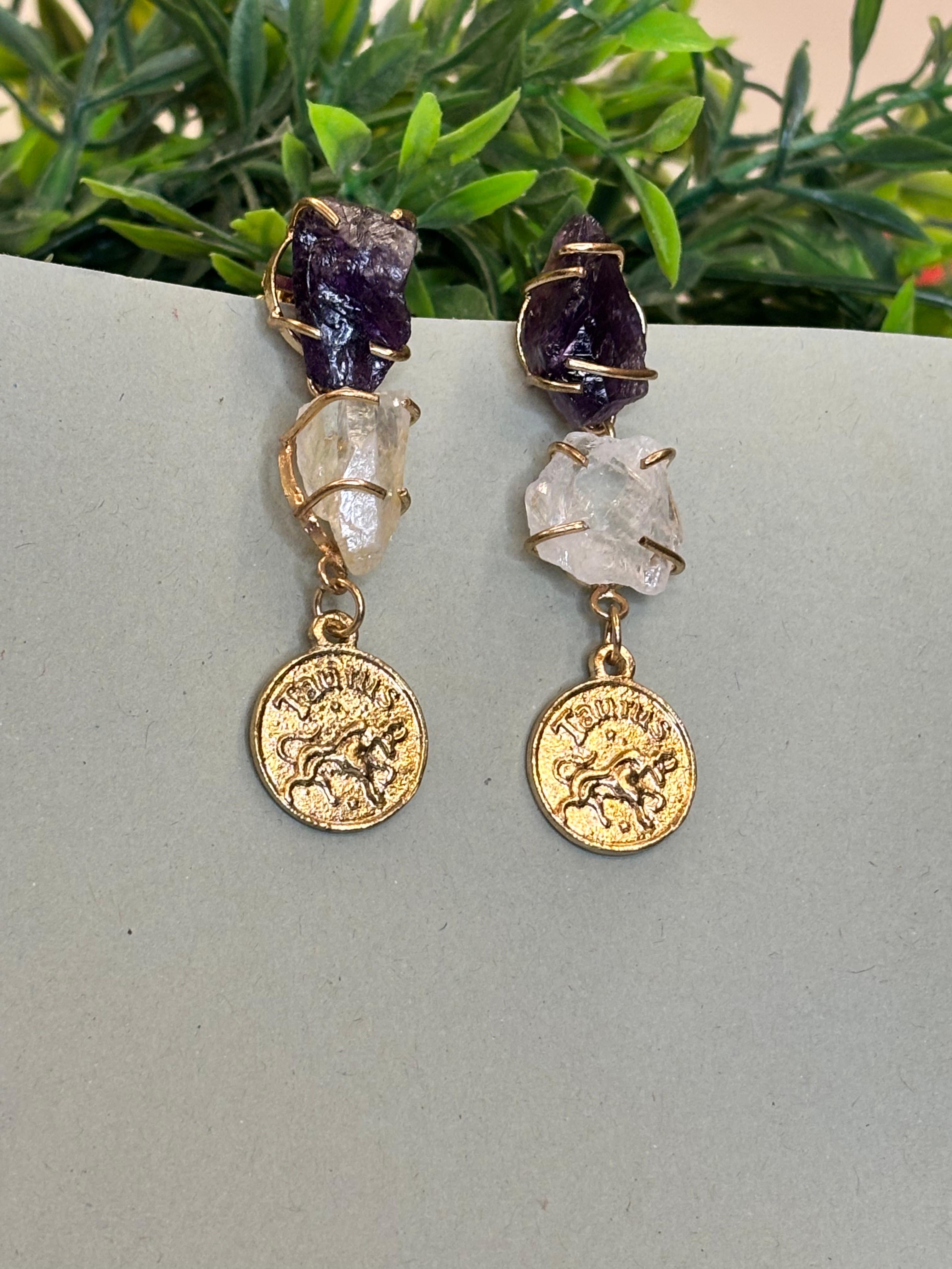 Raw Amethyst and quartz zodiac dangle earrings Taurus coin charm