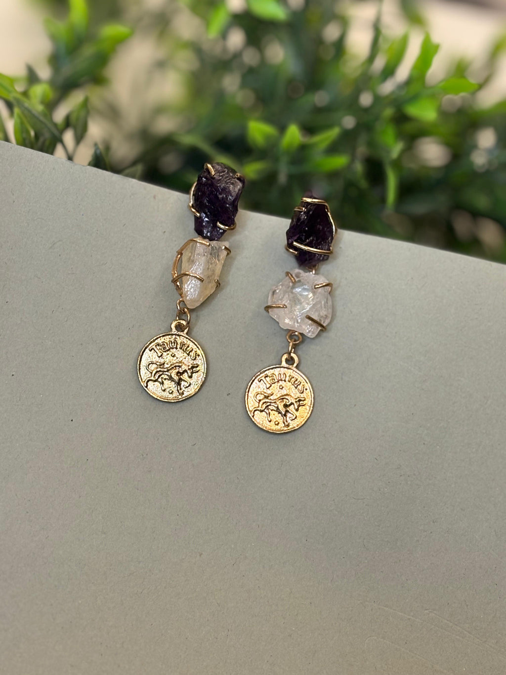 Raw Amethyst and quartz zodiac dangle earrings Taurus coin charm