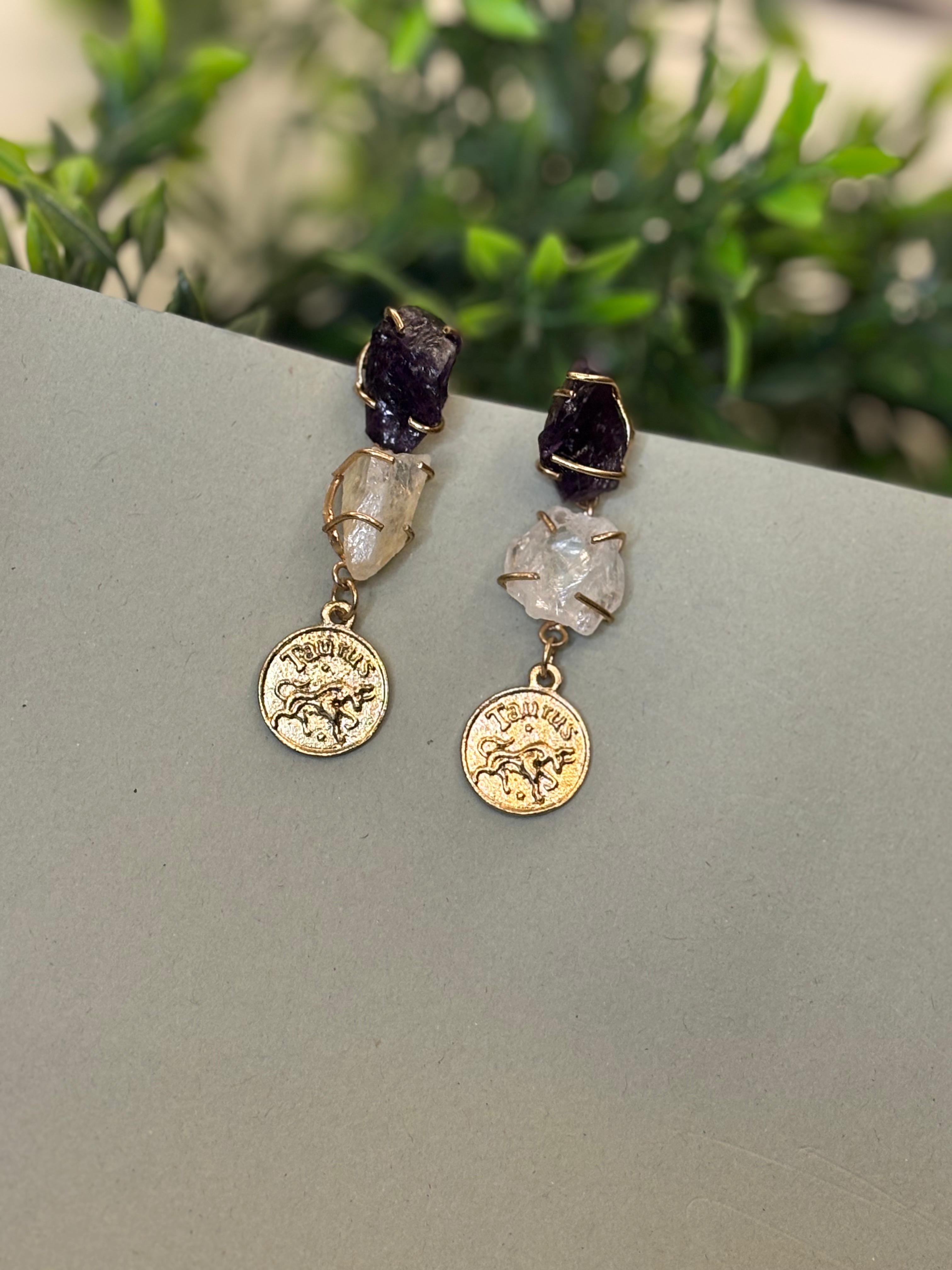 Raw Amethyst and quartz zodiac dangle earrings Taurus coin charm