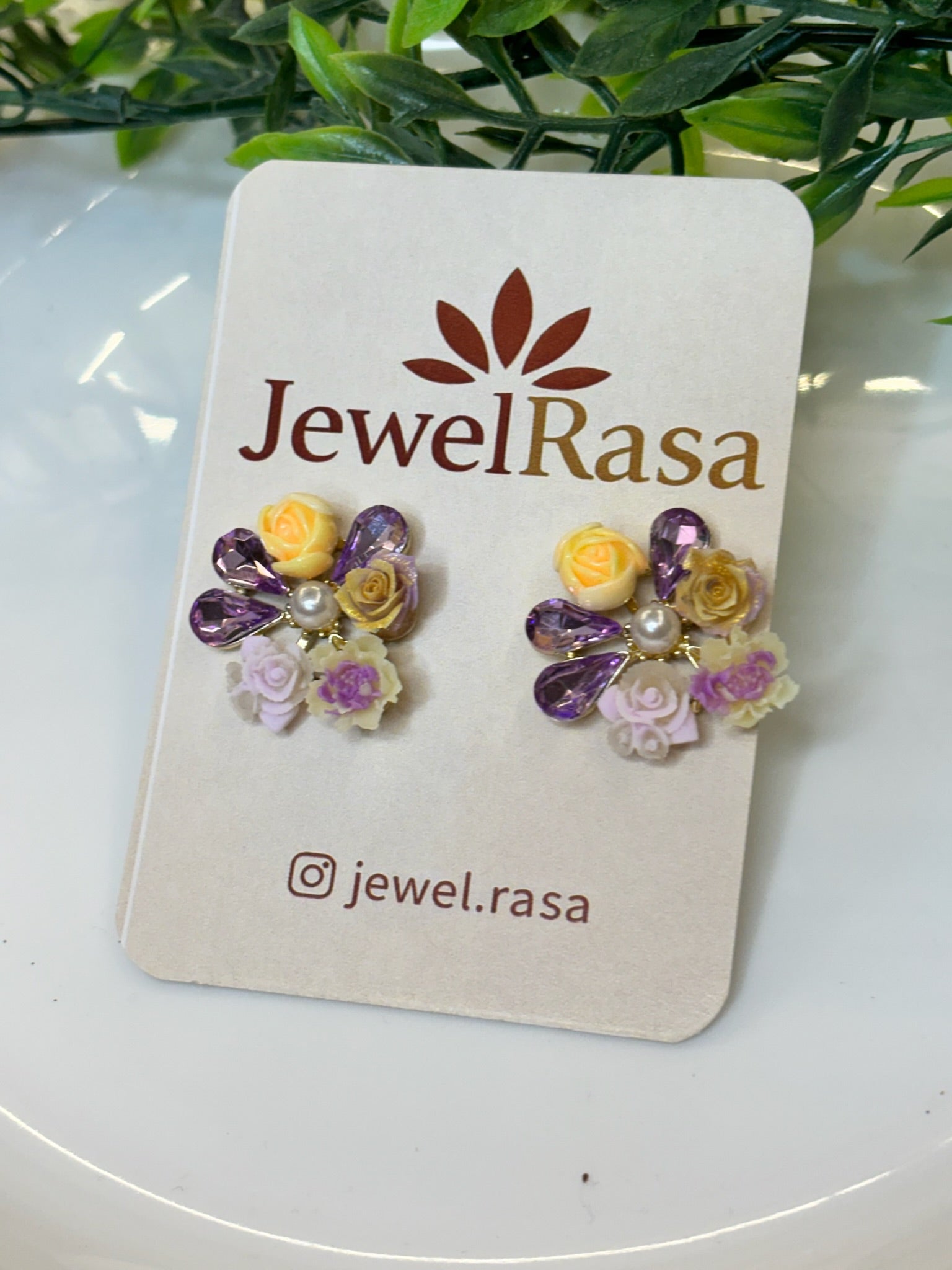 Floral elegance, Stud earrings, yellow and purple blue design