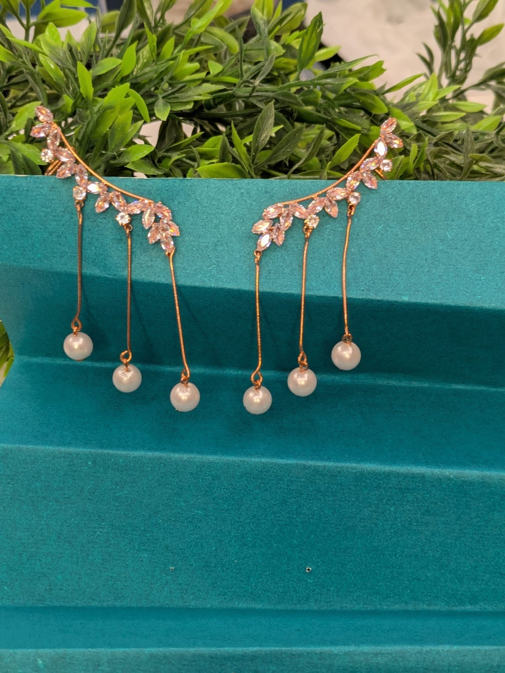 Crystal Leaf & Pearl Drop Earrings – Rose Gold Finish