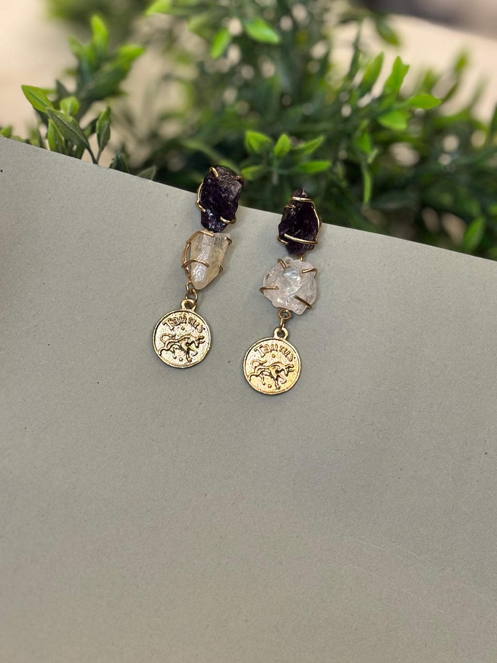 Raw Amethyst and quartz zodiac dangle earrings Taurus coin charm